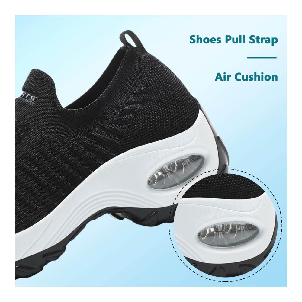Damen Wanderschuhe Leichte Slip-On Sneaker mit Atmungsaktivem Mesh Luftkissen-Technologie und Keilsohle - Schwarz/Weiß Größe 38 EU