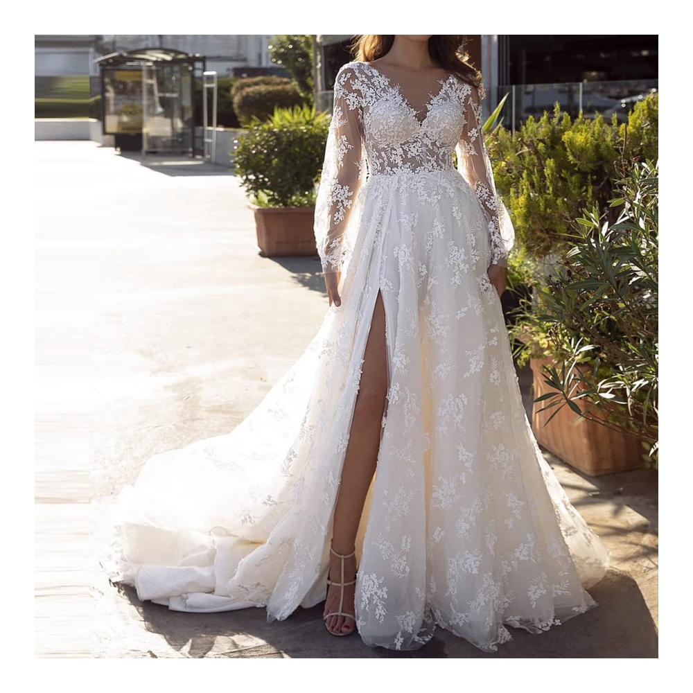 Langarm Hochzeitskleid mit Tüllsplit - Elegantes Damen Ballkleid