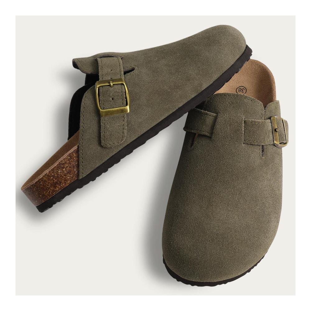 Damen Wildleder Clogs - Stilvolle Pantoletten mit Korksohle Fußgewölbeunterstützung und Strand-Flair