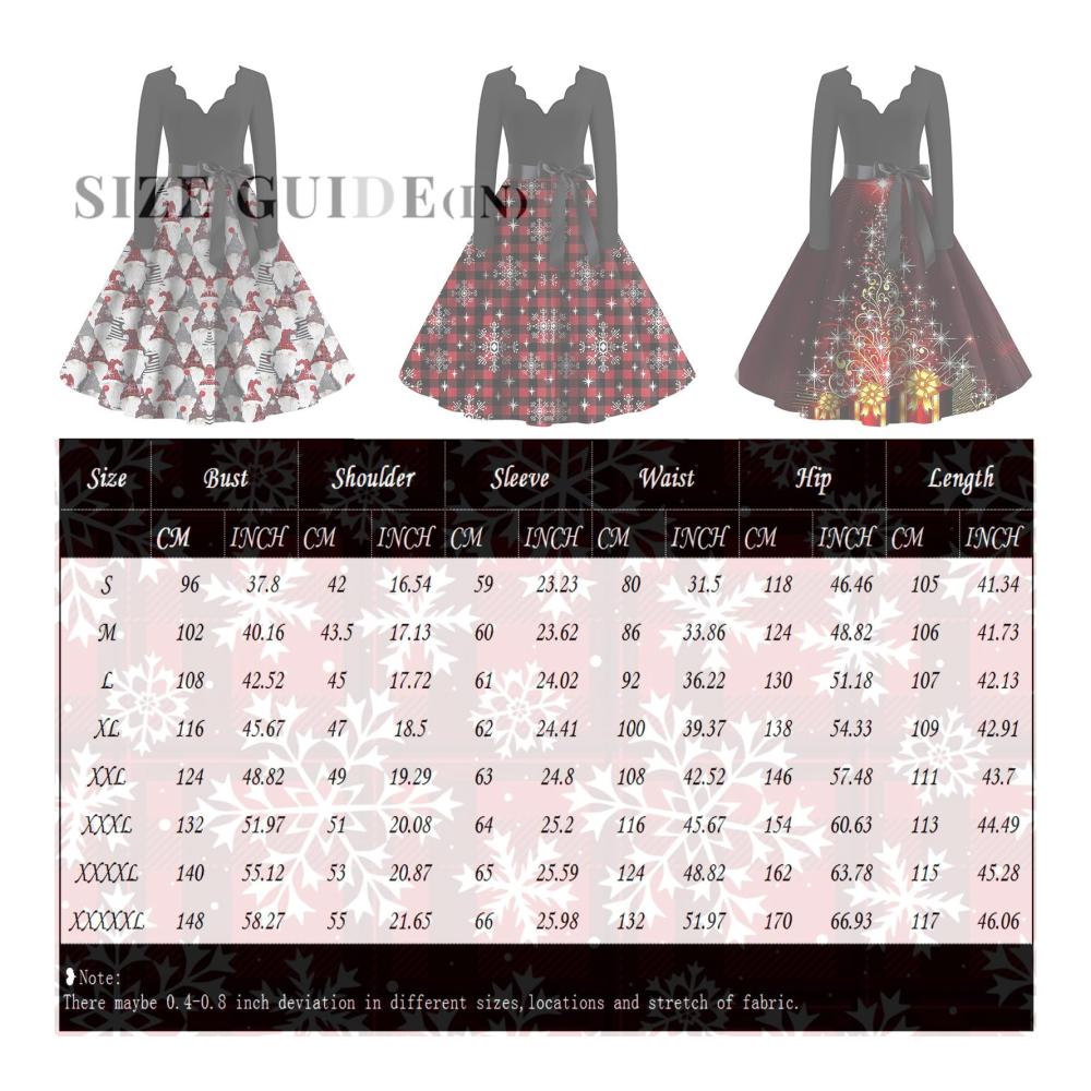 Weihnachtskleider Damen 2024 Vintage Cocktailkleid mit Druck elegantes Langarm Abendkleid sexy Ballkleid für festliche Winterpartys