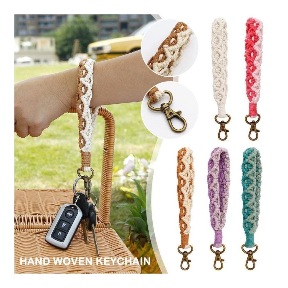 Boho Baumwolle Seil Gewebtes Armband Keychain – Schlüsselanhänger für Damen mit Wristlet und Lanyard – Schlüssel Accessoire in handgefertigter Optik