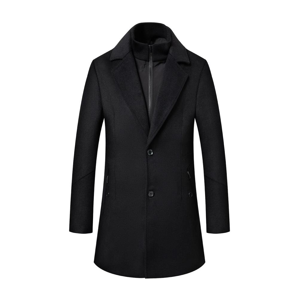 Herren Wollmantel Warmer Trenchcoat mit Abnehmbarem Windschutz