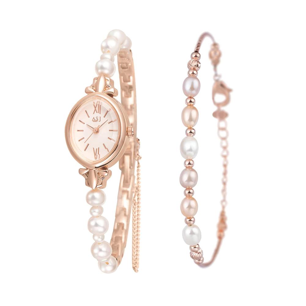 Damen Armbanduhren Set 2 Stück Mode Damenuhren mit Naturperlen Ovale Analoguhr Schmuckschließe - Schicke Damen Armbanduhr für Frauen