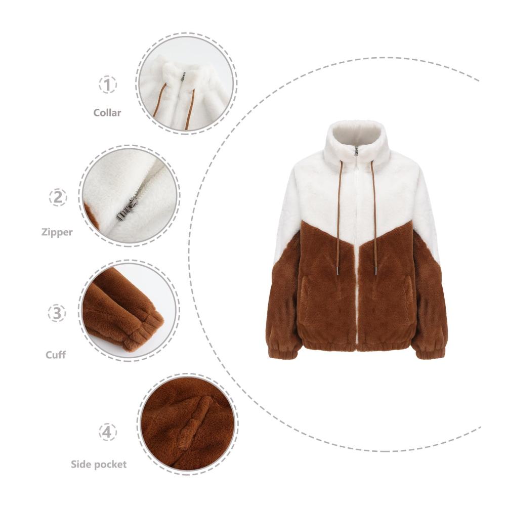 Damen Fleecejacke mit Kunstpelz Verdickt und Warm Langarm Reißverschluss Hoher Kragen Herbst/Winter Pelzige Kurzjacke Doppeltes Patchwork in Trendigen Farben
