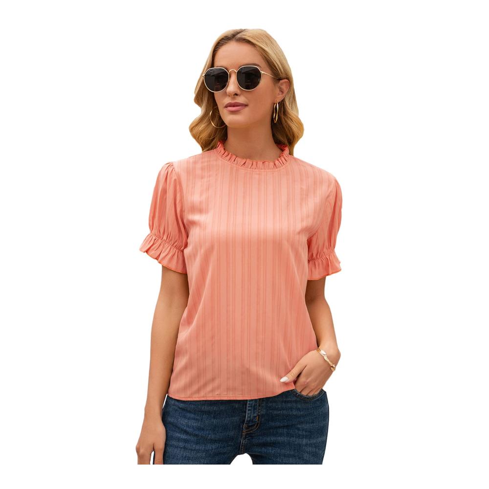 Solide Casual T-Shirts mit Rundhalsausschnitt und Puffärmeln - Lockere Passform (Größenbild verfügbar