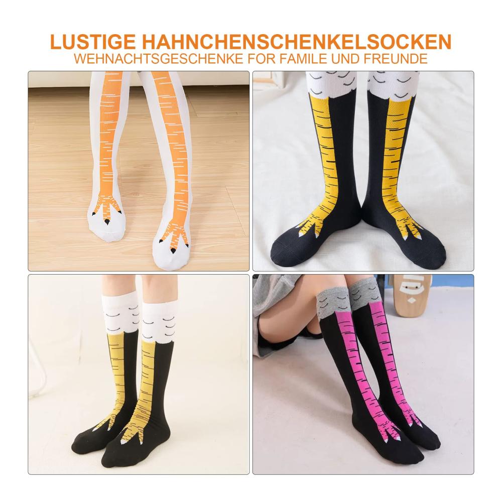 DAWRIS Damen Kniestrümpfe Lustige Hühnerfüße Cartoon-Socken (3 Paare) - Winterwarme Strickstrümpfe über dem Knie für Geschenke und Spaß