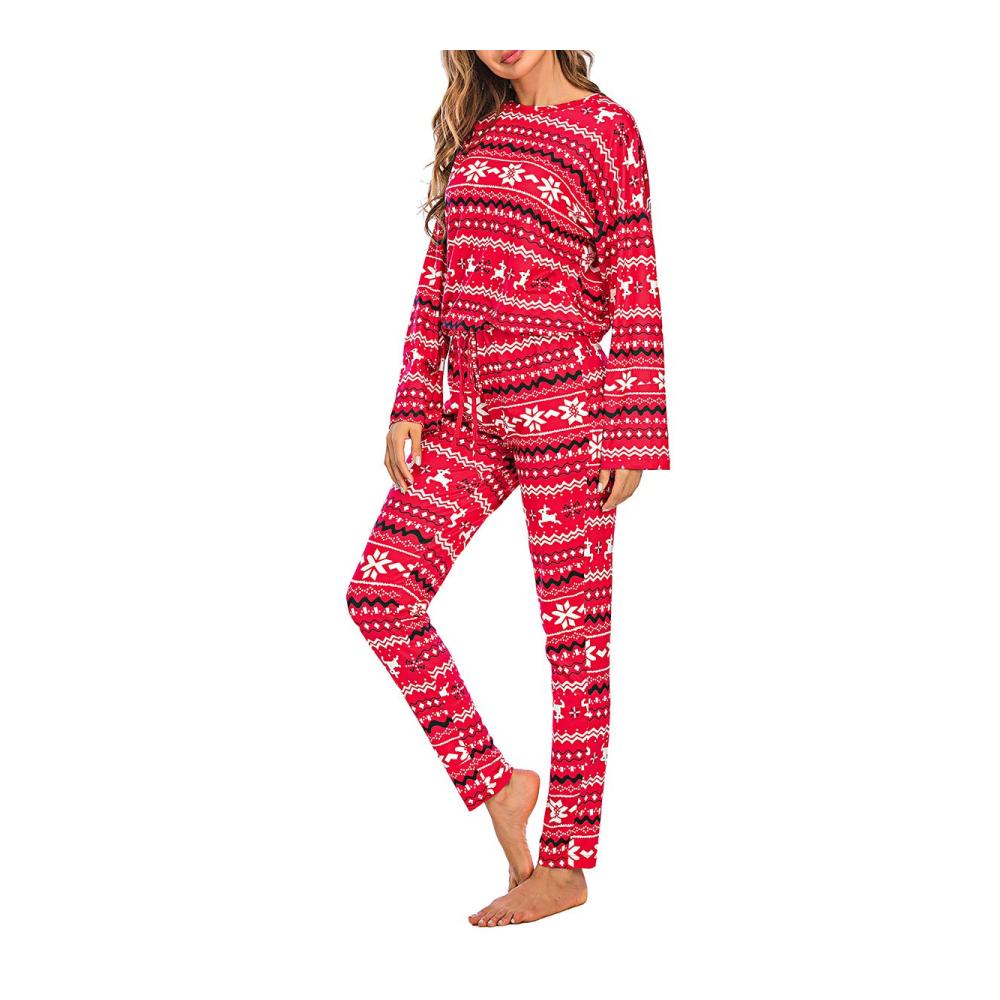 Damen Schlafanzug Weihnachten 2-teiliges Set mit Rentier- und Schneeflocken-Print lockerer Schnitt elastischer Jumpsuit für gemütliche Nächte Zuhause