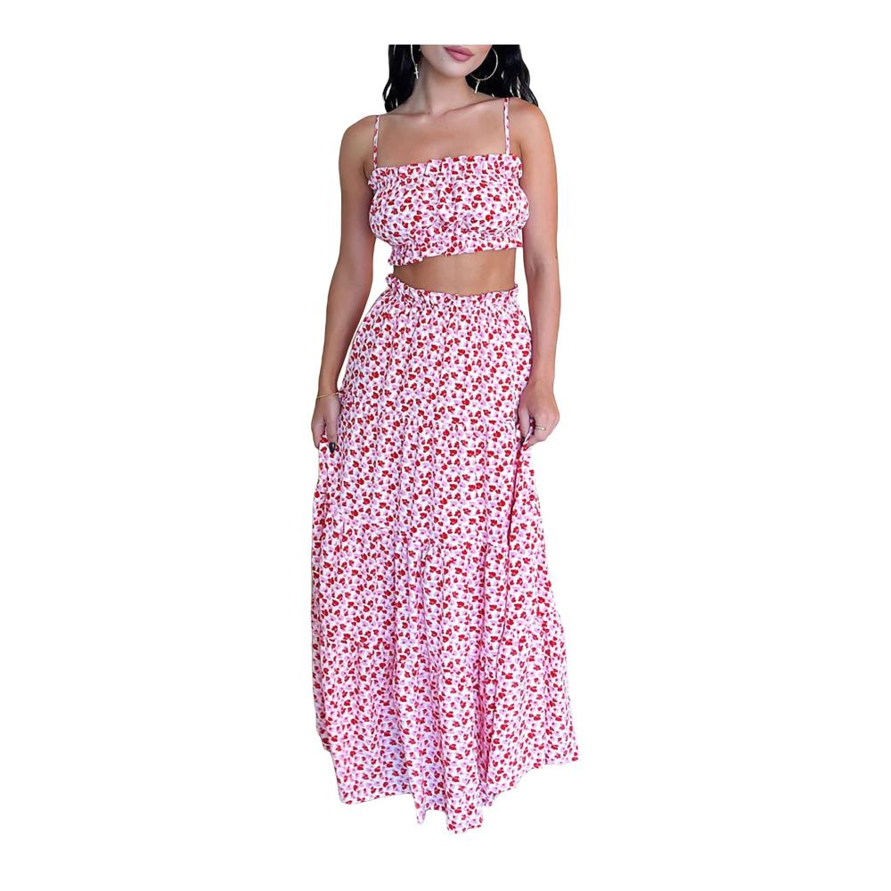 Damen Rock Set Crop Top mit Spaghetti-Trägern hohe Taille langer Maxi Rock 2-teiliges Outfit Solides Circle-Design