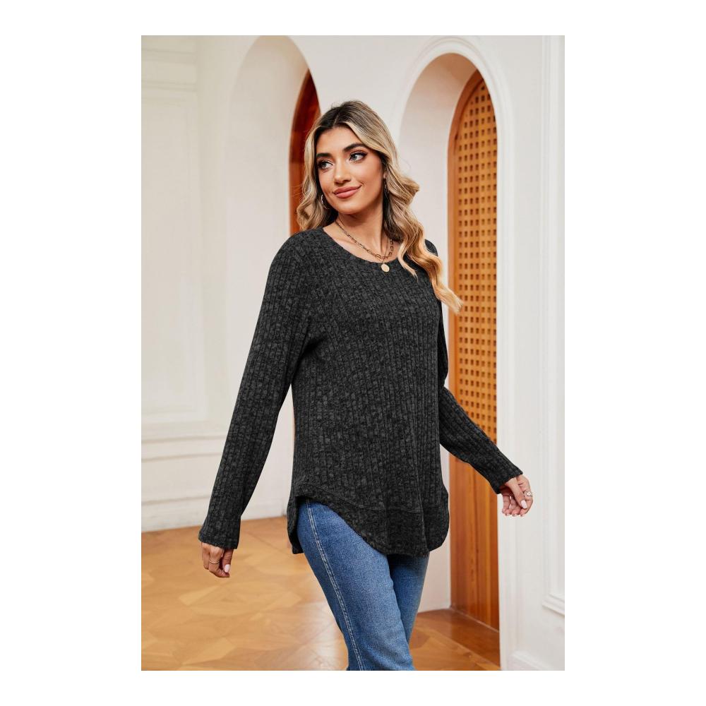 Damen Langarm Pullover Herbst Winter - Uni Basic Rundhals Geschwungener Saum Leicht & Stilvoll