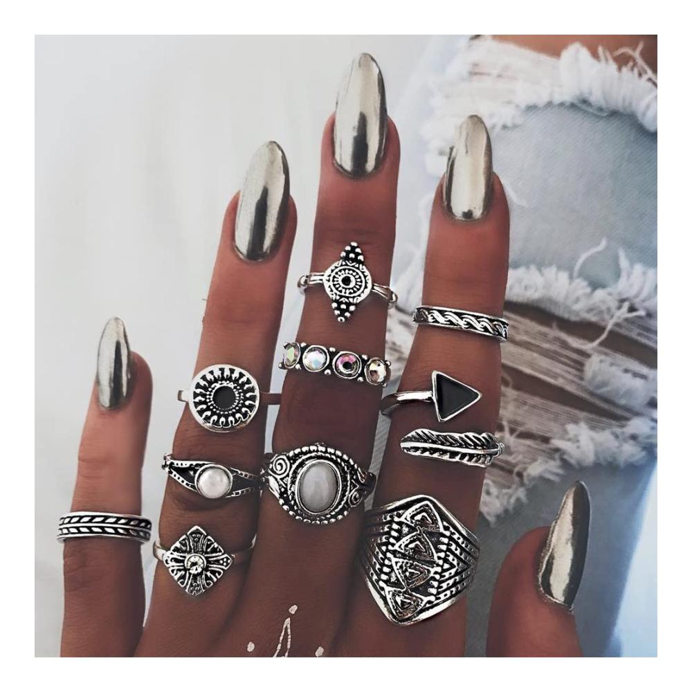 101-teiliges Set Silberne Vintage-Knuckle-Ringe für Frauen - Boho Midi & Stapelbare Finger-Ringe inkl. Daumenringe - Modischer Schmuck