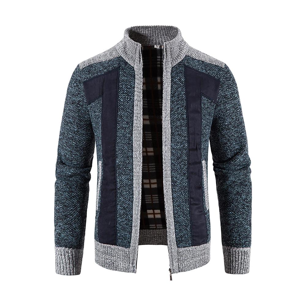 Herren Strickjacke mit Stehkragen und Reißverschluss für Herbst und Winter - Gestreifter Zipper Cardigan Feinstrick Trachtenjacke gestrickter Wintermantel mit Taschen Outdoor Warm Winterjacke Strickmantel