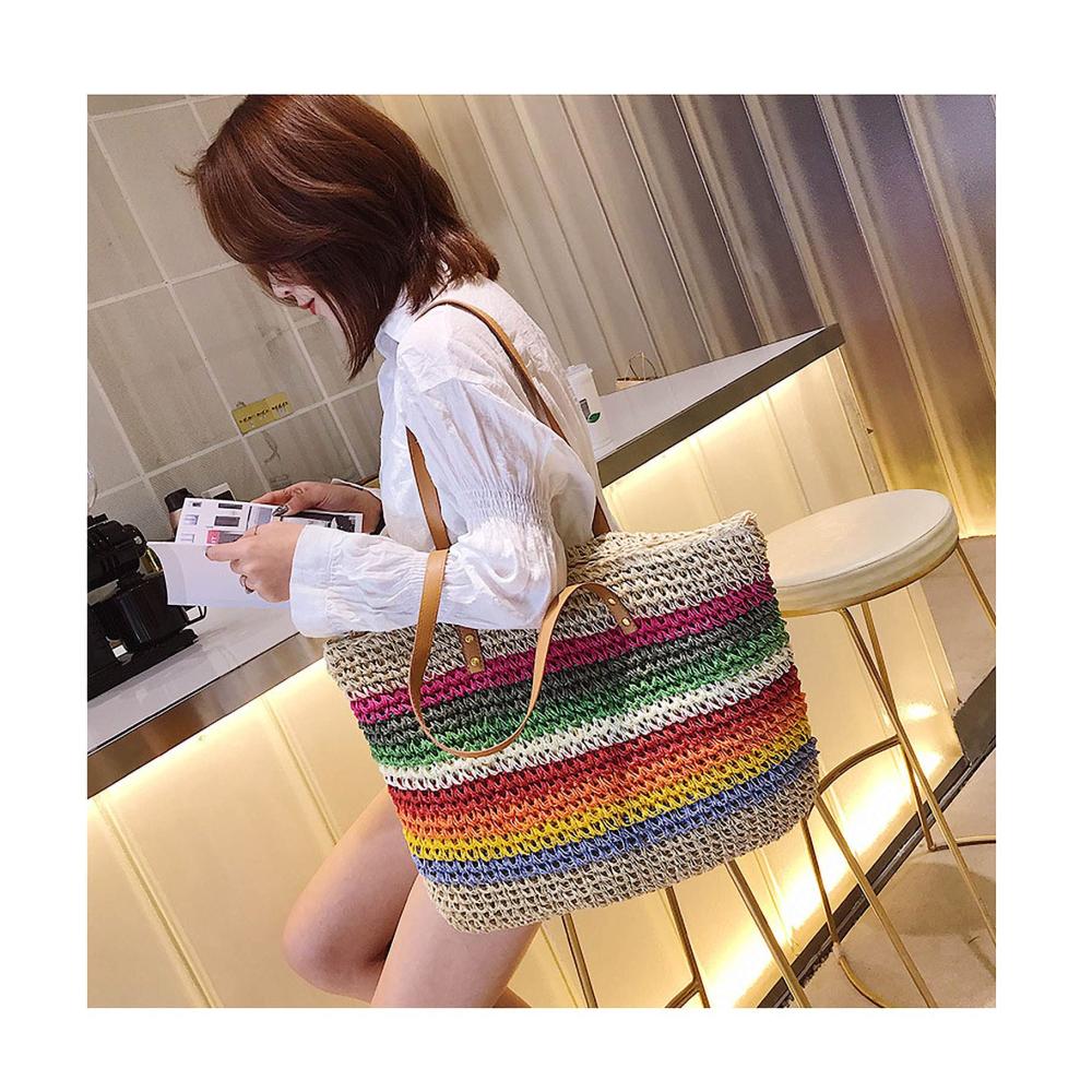 Sommer-Strandtasche Damen Bunte Stroh-Handtasche mit Ledergriffen Henkeltasche Crossbody und Bast - Einkaufstasche für stilvolle Shopper