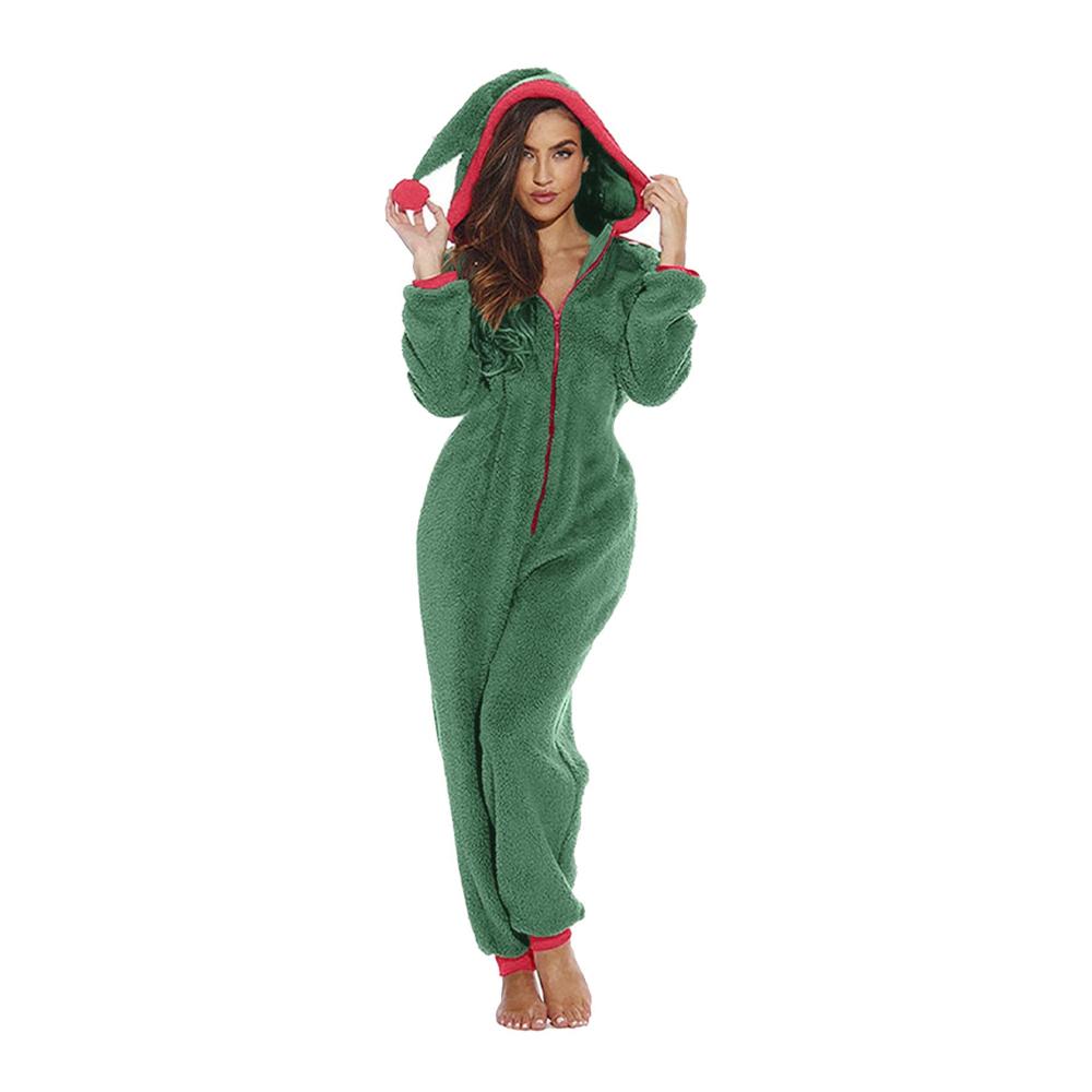 Bademantel Damen – Langärmliger Pyjama mit Kapuze Reißverschluss und Taschen – Patchwork-Design – Gemütlicher Onesie Overall – Kapuzenbademantel für Frauen