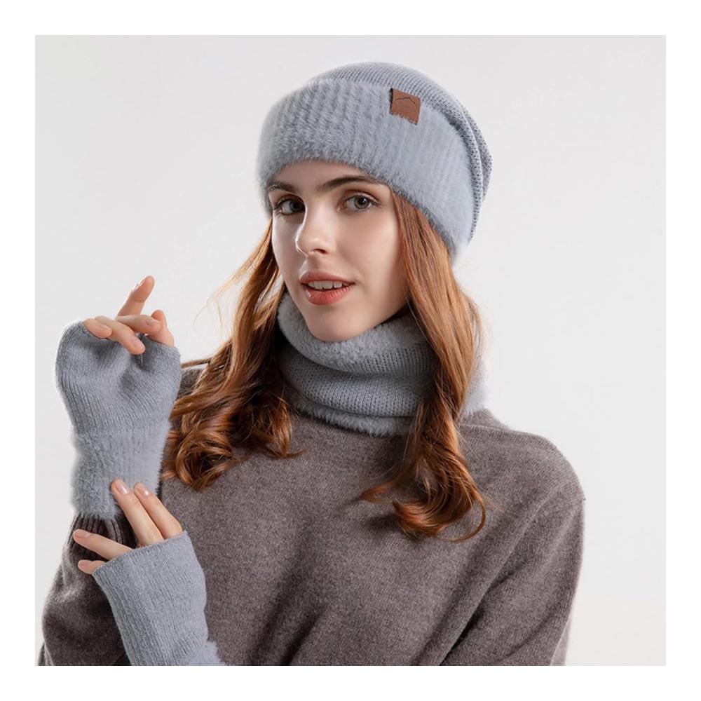 Winterliches Dreiteiliges Set Mütze Schal & Handschuhe aus warmer Wolle für Damen und Herren – Stilvolle Strickmütze mit Schirm für den Schnee-Look