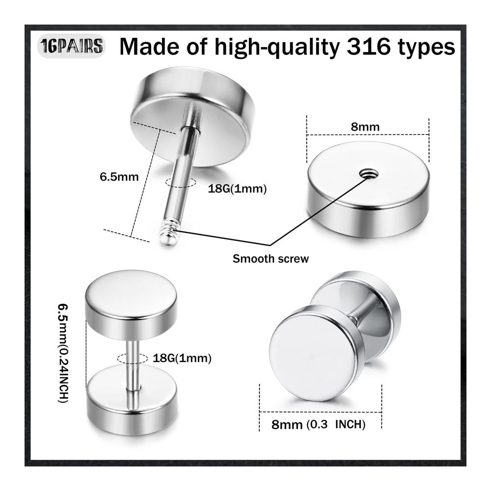 Edelstahl Ohrstecker Set für Männer - 9-16 Paare Schwarz Silber Ohrringe 8mm Fake Plugs Ohr Tunnel Piercing Runde Schraube Barbell Ohrstöpsel Faux Gauges
