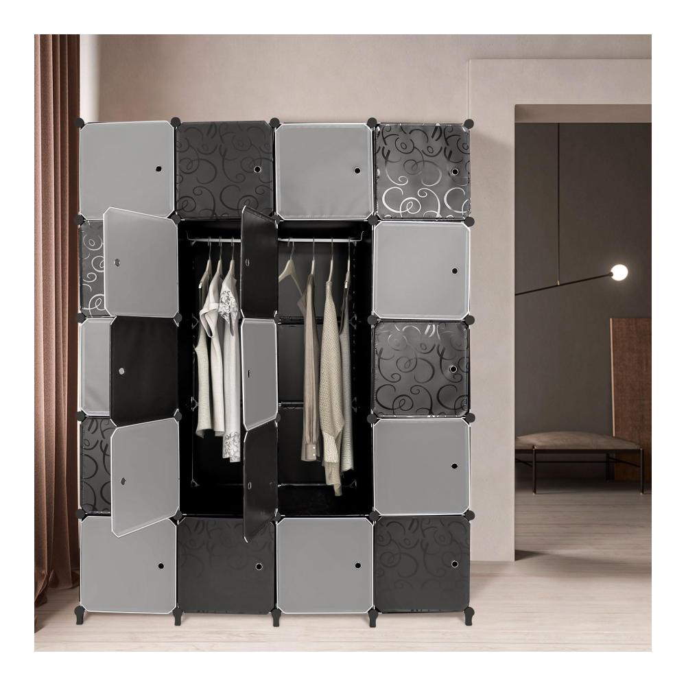 Moderner DIY-Kleiderschrank aus PP-Kunststoff mit Hängestange | Tragbares Regalsystem für Pullover & Strickjacken | Schwarzes und weißes Design (47 * 145 * 180cm