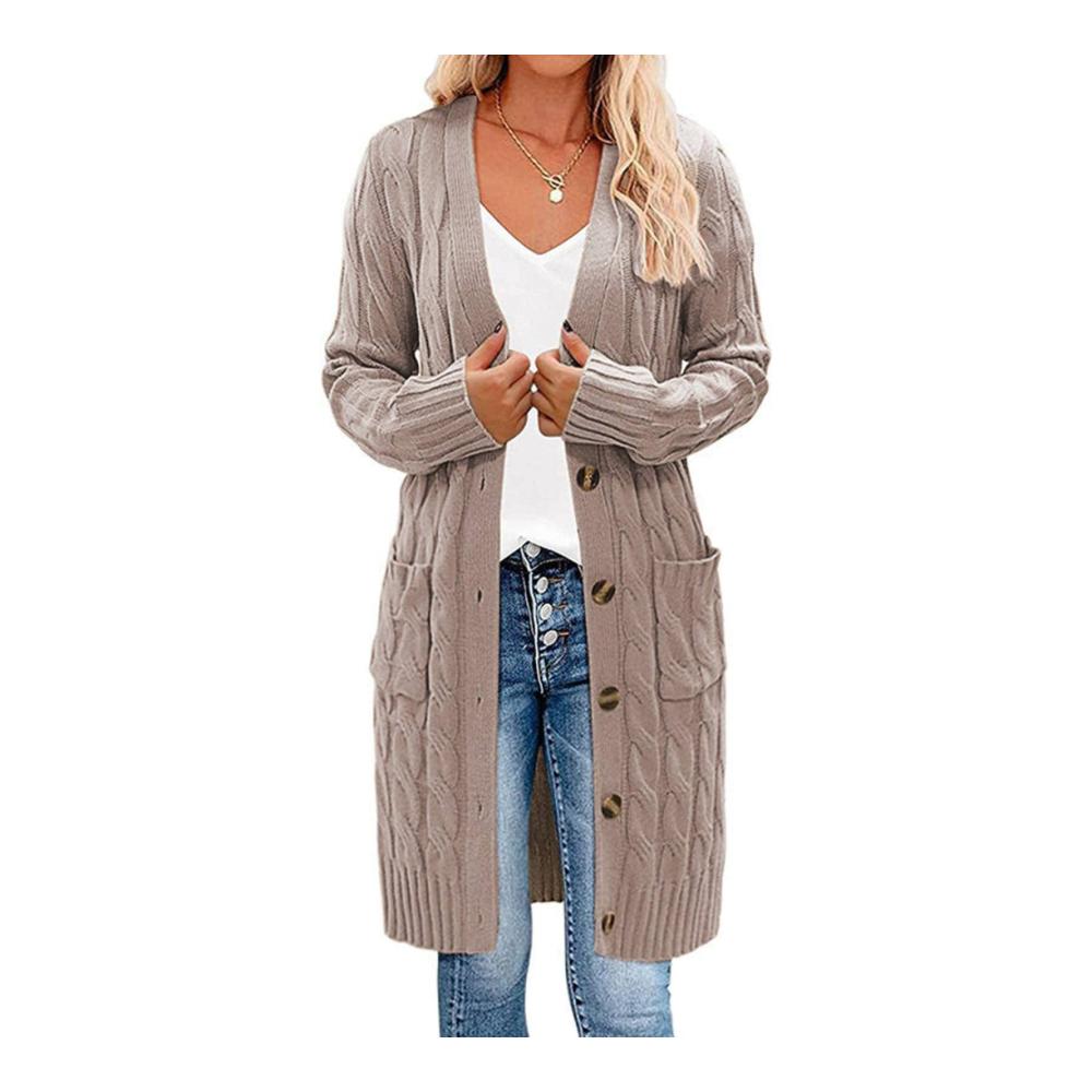 Damen Strickjacke mit langen Ärmeln Zopfmuster und Knopfleiste - Stilvolle offene Vorderseite trendige Oberbekleidung