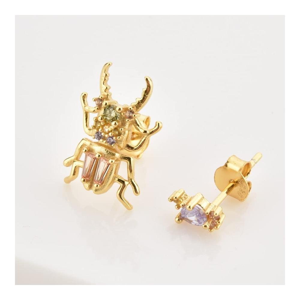 925 Sterling Silber Schmuck-Set mit Gold Käfer-Design Ohrringe Ring Lange Kette & Halskette mit Zirkon - Exquisites Schmuckset für Tierliebhaber (Grau