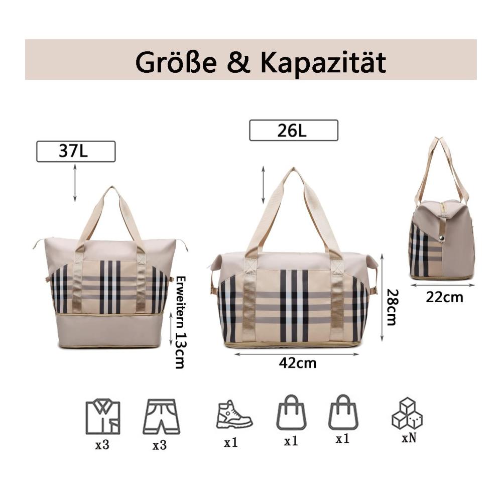 Schwarze Damen-Reisetasche Faltbarer Weekender mit Nassfach für Reisen und Sport