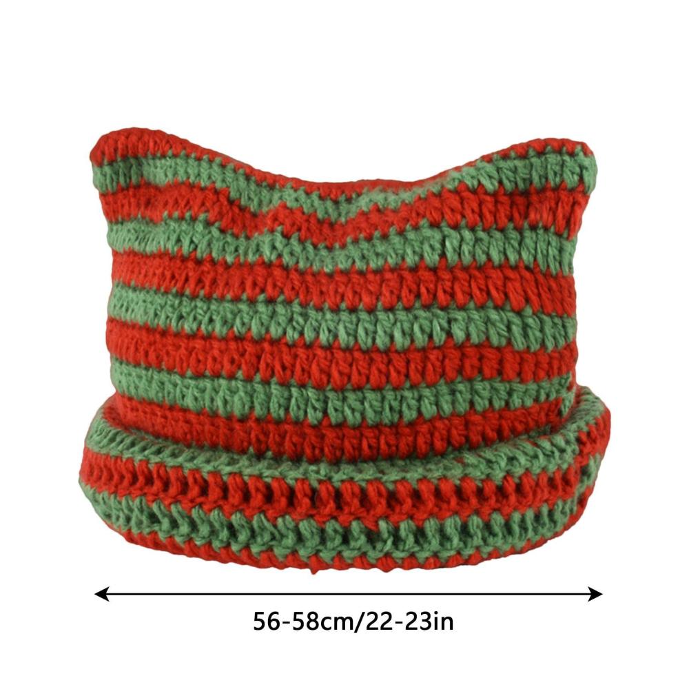 Niedliche Strickmütze mit Katzenohren für Damen und Herren - Winter-Beanie mit Streifenmuster und Thermofutter