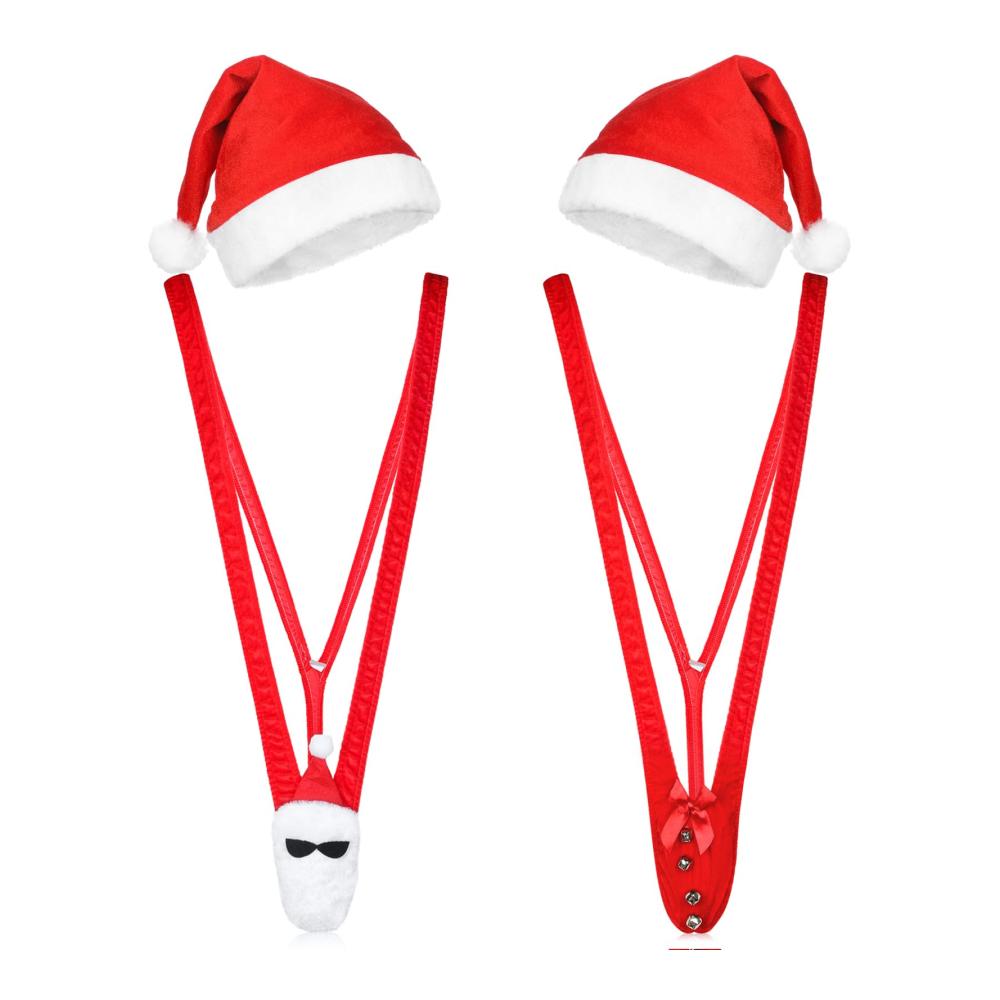 Weihnachtsmann Mankini Set Lustiges Weihnachtskostüm mit 4 Stück Strings Nikolausmützen für Herren – Perfekt für Weihnachtsparty und Cosplay