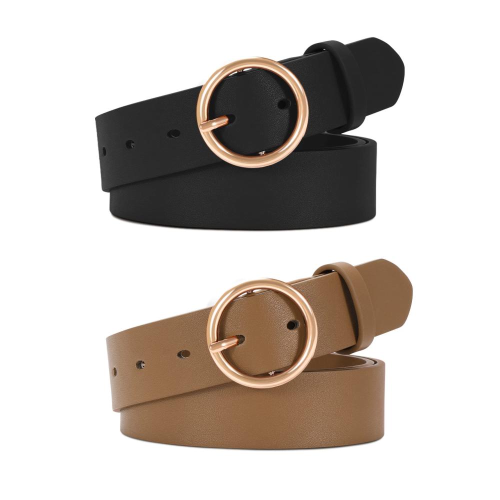 Damen Ledergürtel 2er Pack - Stylische Jeans- und Hosen-Gürtel mit Gold O-Ring Schnalle für modische Akzente