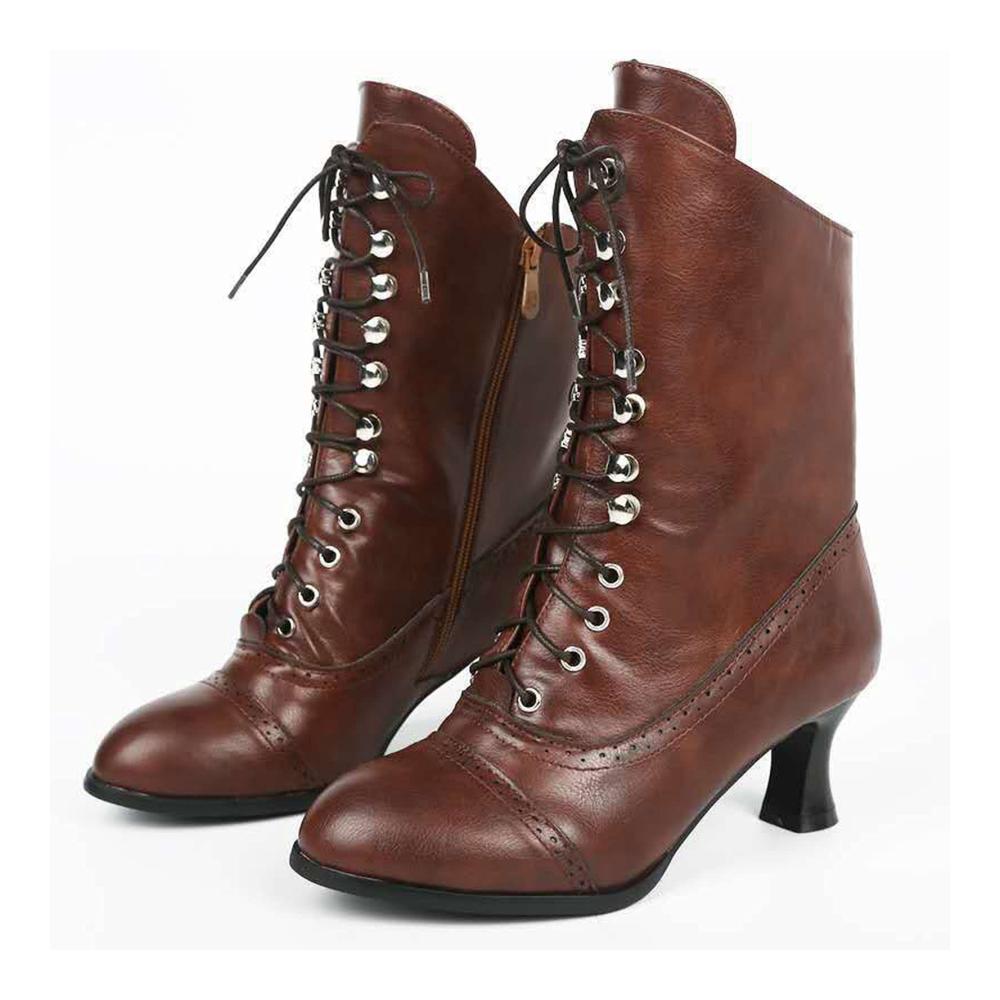 Damen Stiefeletten Braune Gothic Stiefel mit Schnürung sexy High Heels mittelhoher Absatz spitzer Zehenbereich wadenhoch für Hochzeit Party Kleid – Herbst/Winter Schuhe (Größe 40 EU