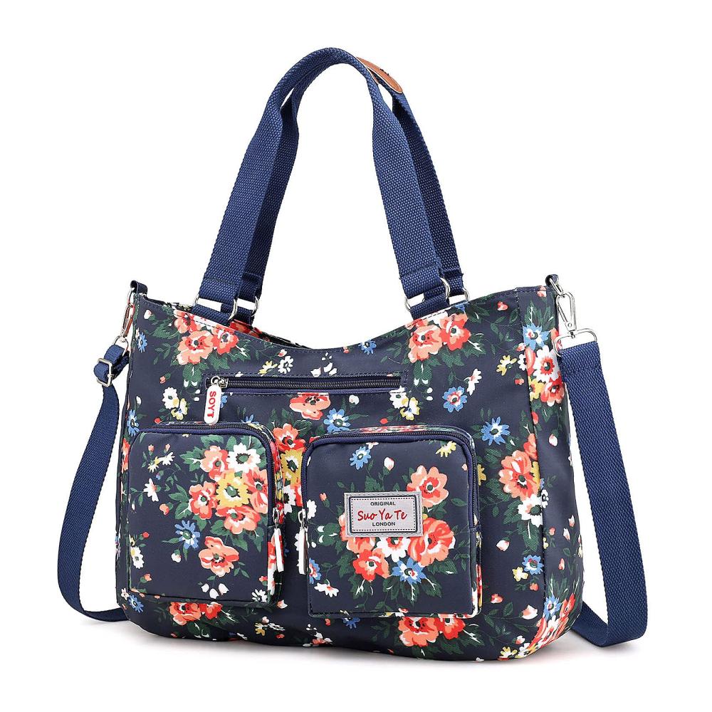 Große Damen Nylon Handtasche Wasserdichte Schultertasche mit Modemuster und Mehreren Taschen