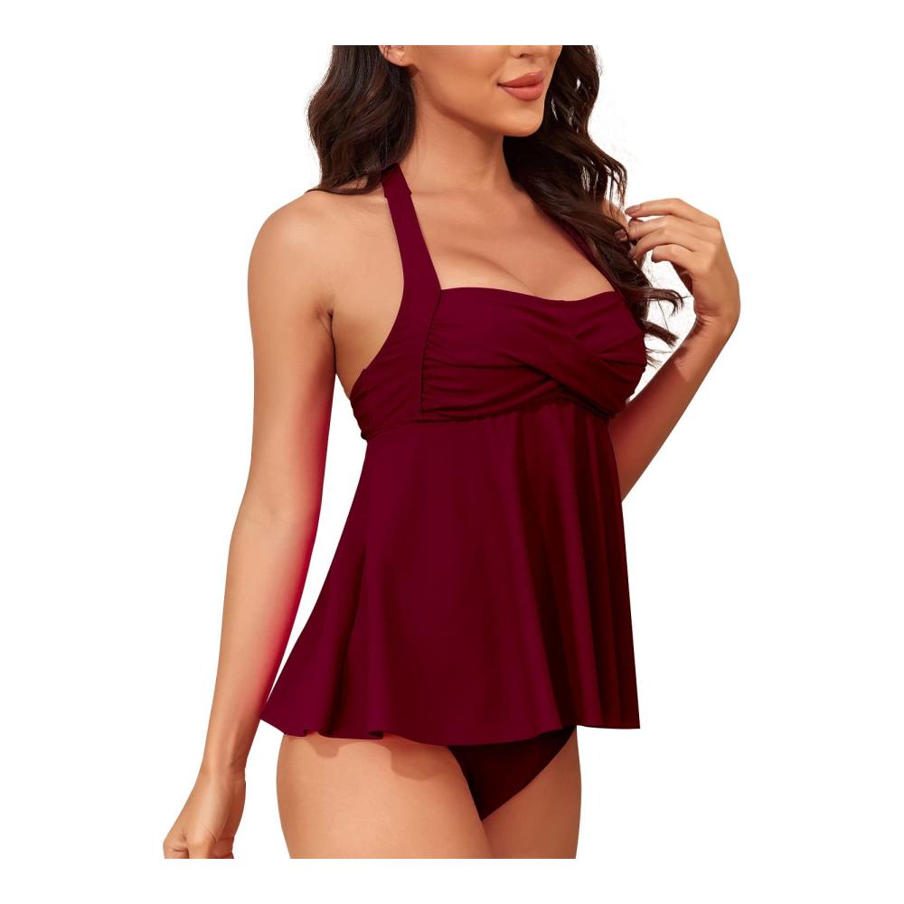 Bauchweg Tankini Set Sexy Push-up Bikini für Damen - Zweiteiliger Strand Schwimmanzug mit Neckholder