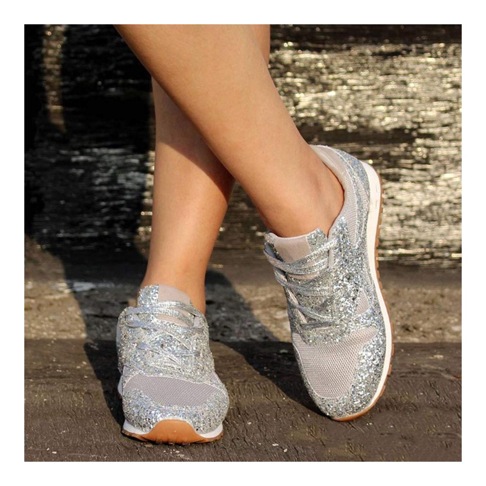 Casual Damen Sneakers mit Pailletten Strass und Plateau – Atmungsaktive Wanderschuhe