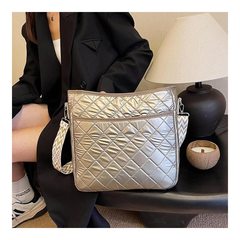 Diamantgitter Damen Henkeltasche - Modische Handtasche mit verstellbarem Riemen großer Kapazität kariertem Design lässig und gesteppt - Geschwollene Quadrattasche