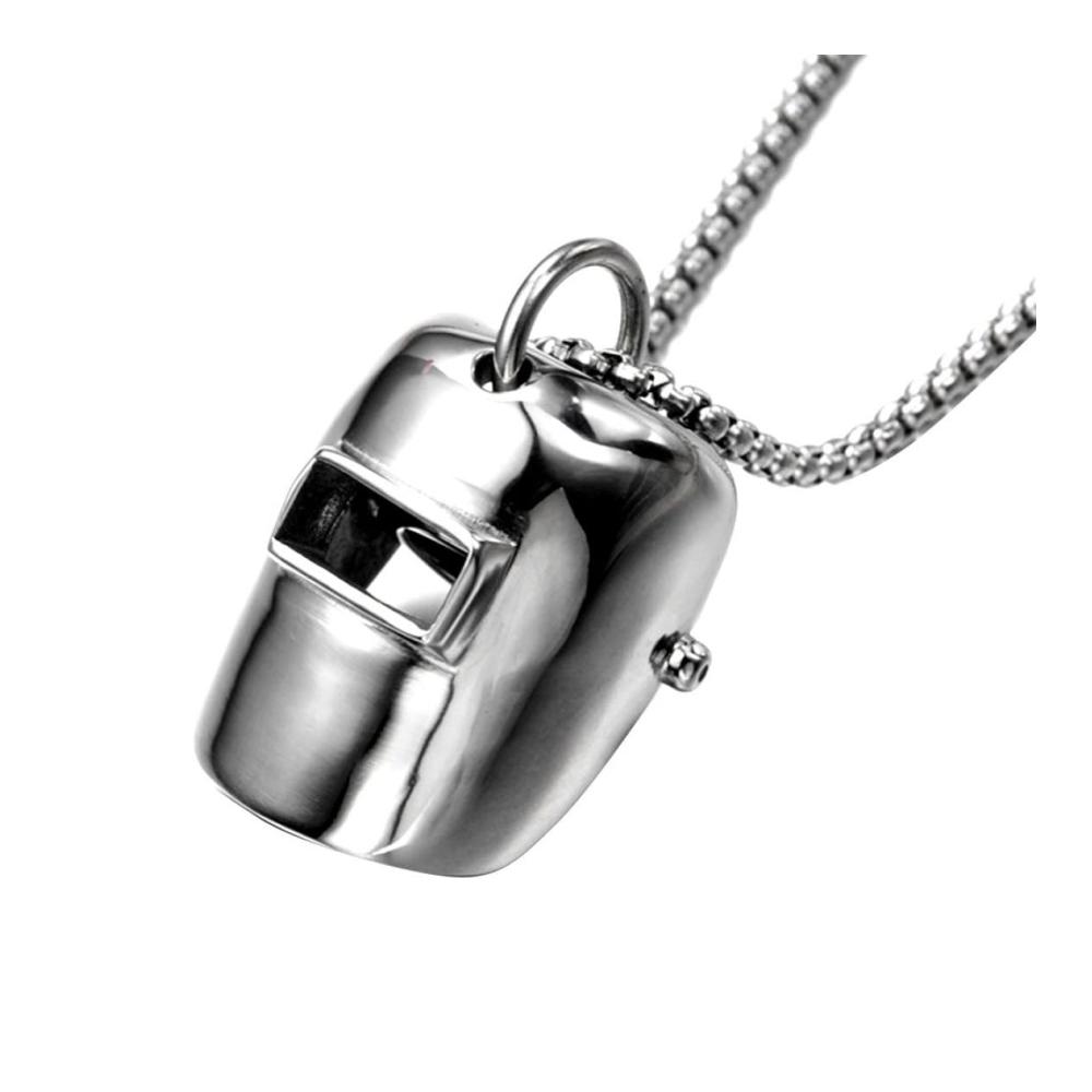 HipHop Edelstahl Halskette Set mit Schweißhelm-Anhänger - Glänzender Schmuck für Männer und Frauen (Silber