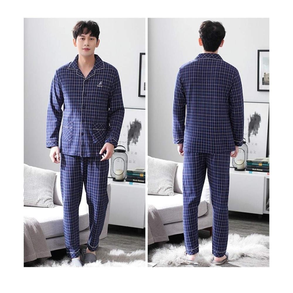 Herren Schlafanzug Langarm Pyjama-Set aus dünnem Baumwollgewebe für Frühling und Herbst