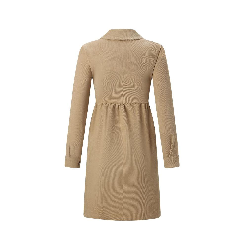 Damen Freizeit Cordkleid - Langarm Hemdkleid mit Swing-Schnitt und Blusenoptik Casual A-Linien Kleid für Herbst und Winter - Vintage Longshirt im eleganten Stil Leinen Tunikakleid mit Einreiherdesign