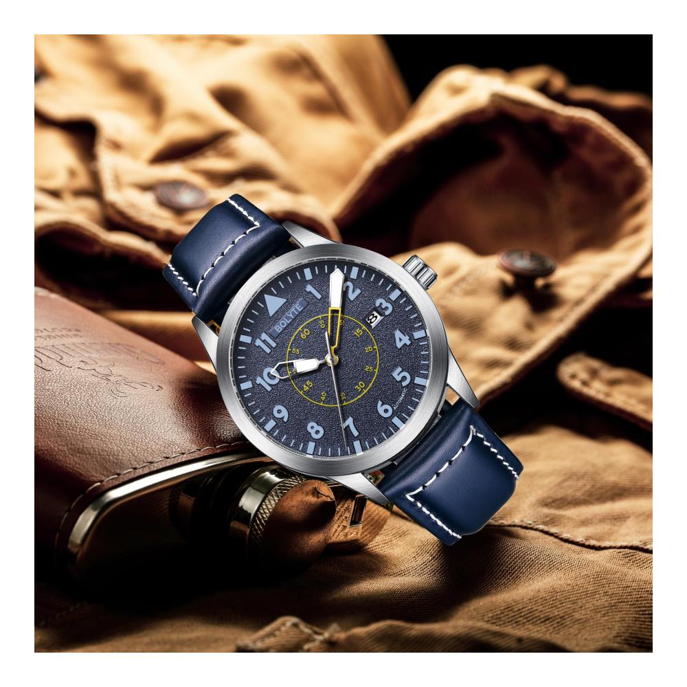 Automatische Mechanische Herren-Armbanduhr mit Selbstaufzug Militär Sportuhr Automatisches Datum Lederband (Blau) - Stilvolle und Robuste Militäruhr für Herren