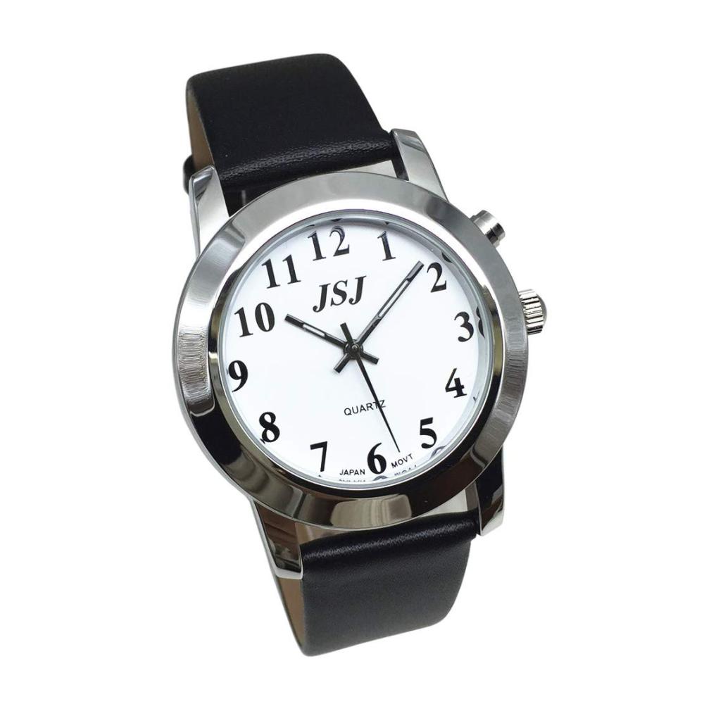 Deutsch Sprachige Armbanduhr mit Wecker Datum Weißem Ziffernblatt und Schwarzem Lederarmband - Moderne Armbanduhren mit Sprachfunktion für klare Zeitansagen