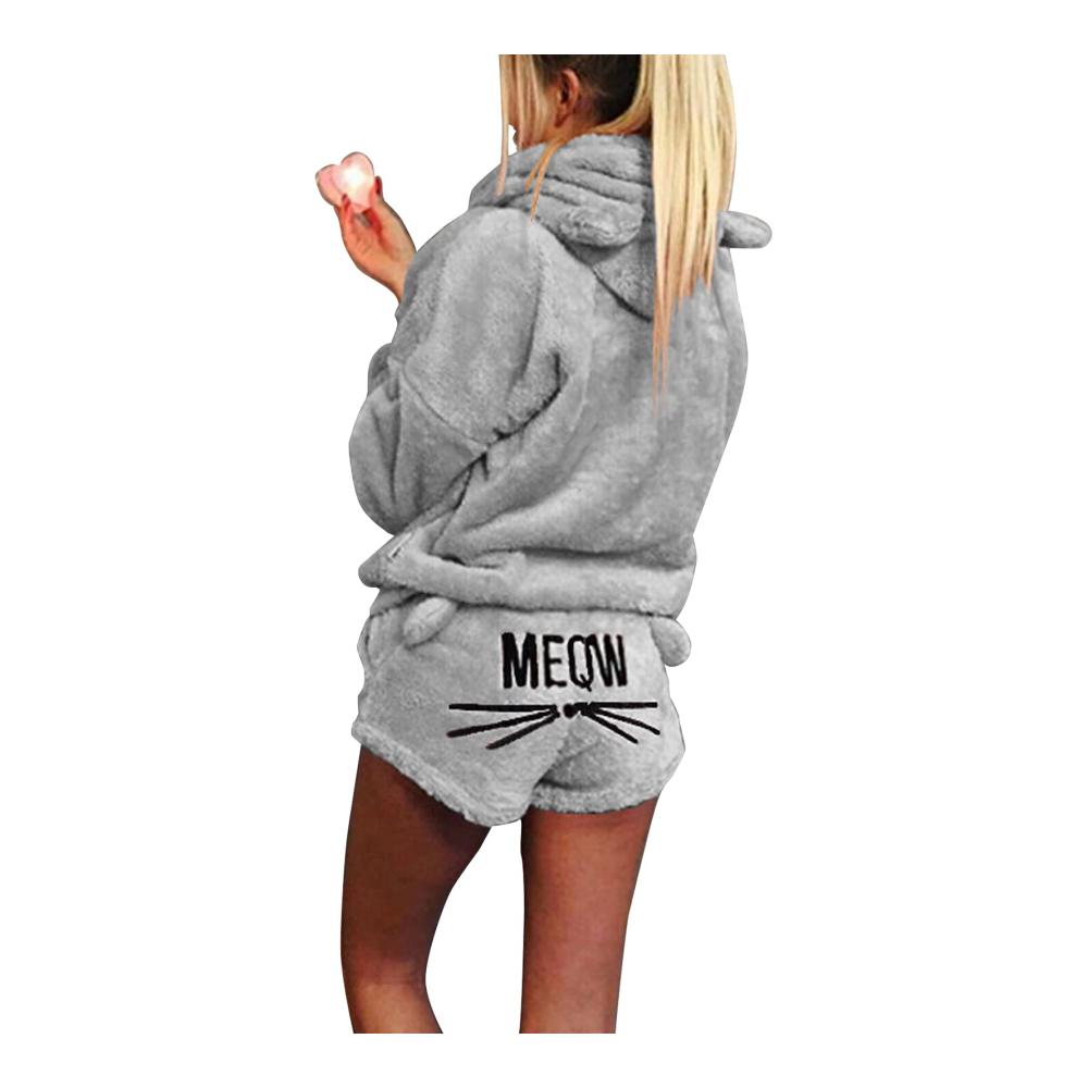 Damen Schlafanzug Set mit Katzen-Stickerei | 2-teilig Winter Nachtwäsche | Niedlicher Mädchen Pyjama mit Kapuze Katzenohren Fleece | Langarm-Bademantel & Shorts Trainingsanzug