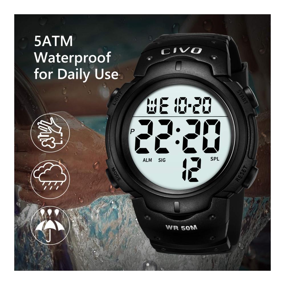 Digitale Sportuhr für Herren - Outdoor Armbanduhr mit 50M Wasserdichtigkeit Großem Wecker Kalender und Stoppuhr