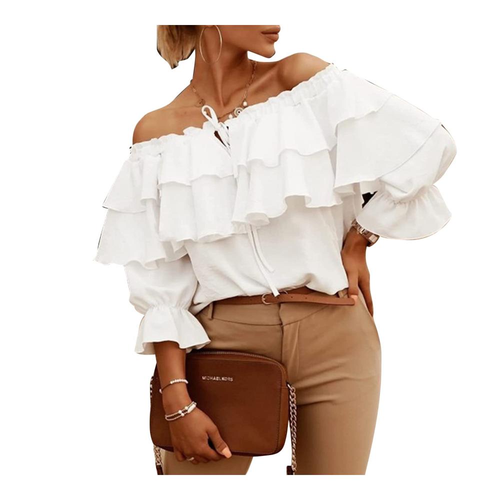 Damen Schulterfrei T-Shirts mit Geschichteten Rüschenärmeln und Rückenausschnitt - Elegante Weiße Blusen Tops