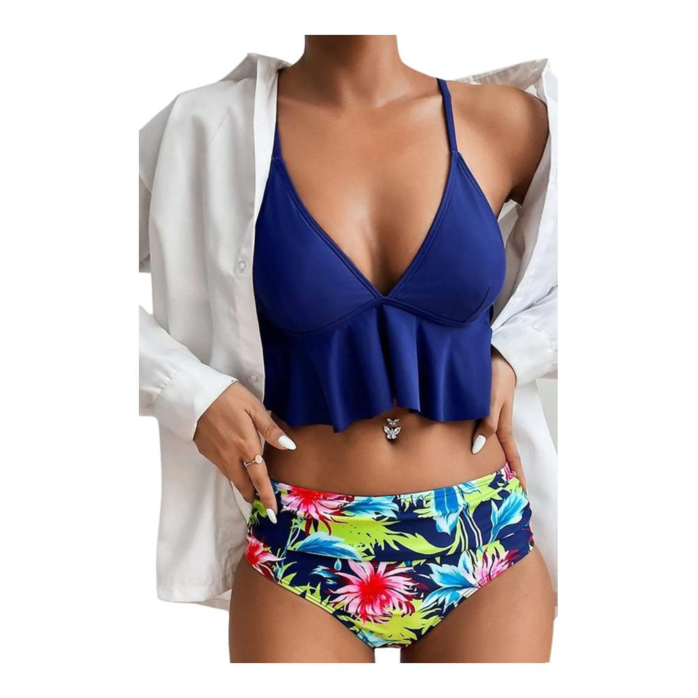 Damen Bikini Set mit Blumenmuster Bandeau-Design High Waist und Criss Cross Spaghetti-Trägern - Sexy Bralette Bikini für Damen Bauchweg und Rüschen Zweiteiliger Badeanzug mit Bademode Swimsuit-Style