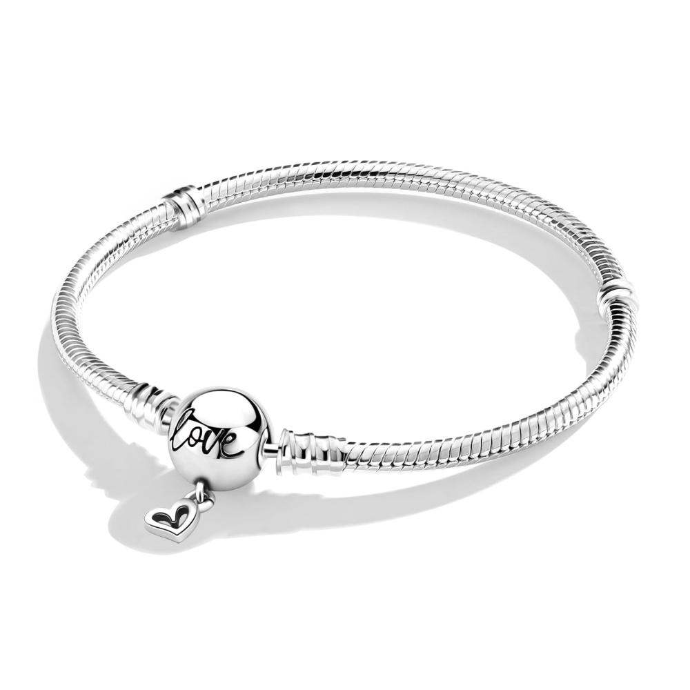 925 Sterling Silber Damen Armband - Elegantes Gliederarmband mit Kugelverschluss und Love Charm - Schlangenmuster kompatibel mit Charms und Anhängern