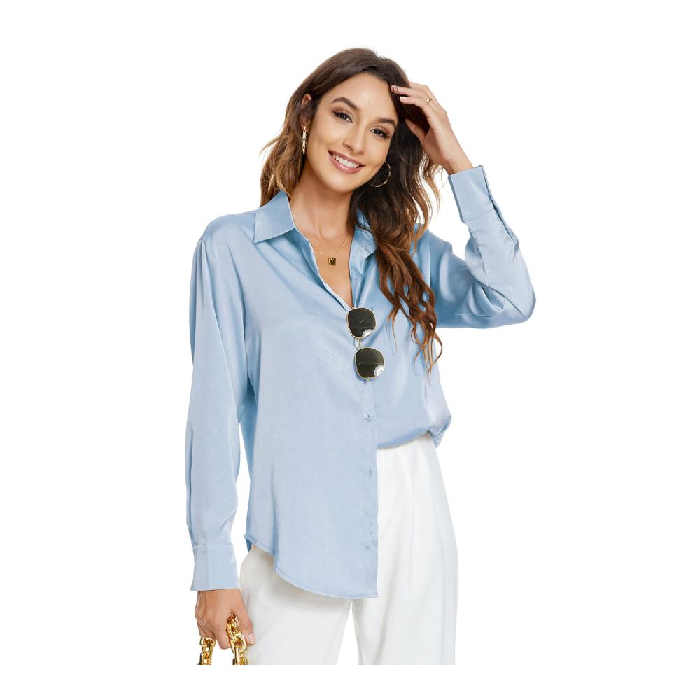 Damen Bluse Langarm Satin Seide Hemden mit Knöpfen Basic Kent Kragen für Arbeit Büro Formelle und Casual Anlässe