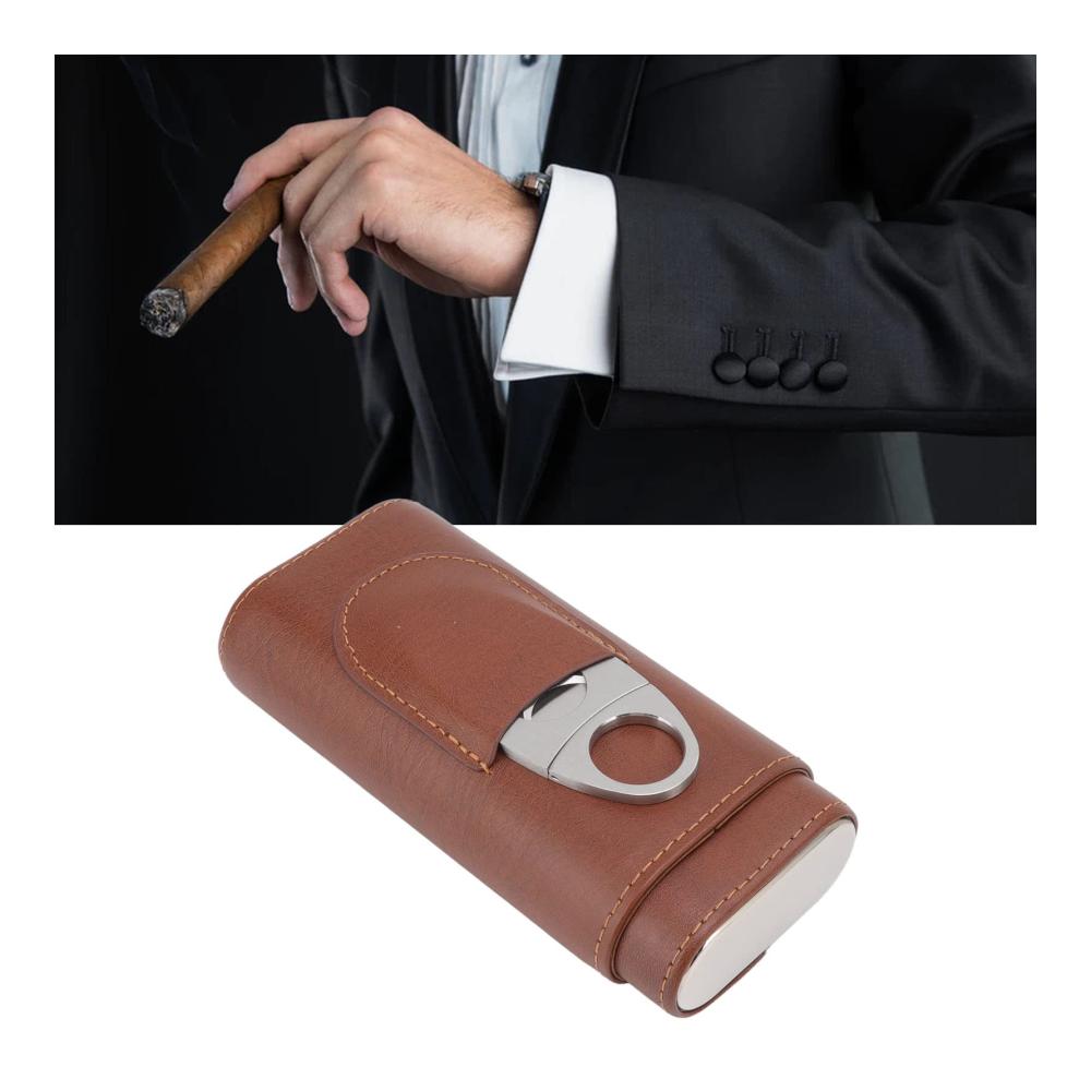 Zigarrenetui aus Leder mit 3 Fingern Zedernholzfutter Schere und tragbarem Reisehalter - Braun