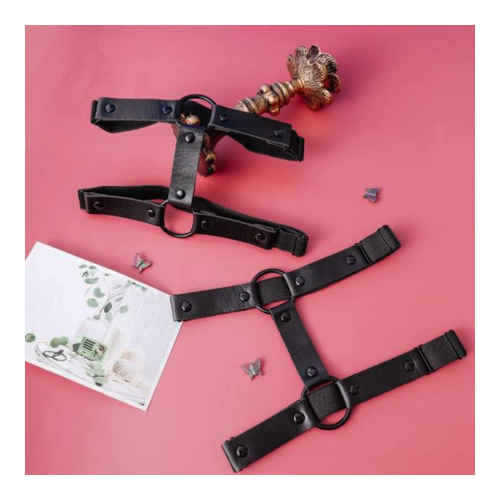 Schwarzes Leder Strumpfband & Harness Set für Damen - Gothic Oberschenkel Strumpfhalter & Bein Choker