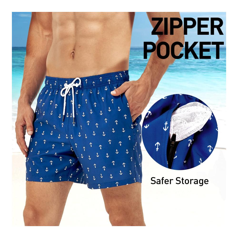Herren Badeshorts mit Kompression Liner 2-in-1 Elastische Surf Shorts Schnelltrocknend mit Reißverschlusstaschen