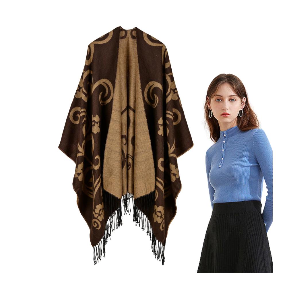 Doppelseitiger Damen-Schal-Poncho für kalte Tage Strickponchos & Capes mit Reisekaromuster – Warm lässig und bequem für Treffen Verabredungen Arbeit Reisen Schule und Zuhause