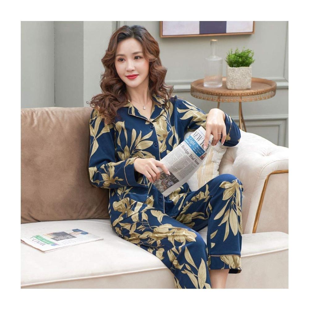 Damen Baumwoll-Pyjama Set Loungewear mit Knopfkragen geometrischem Druck für warme Nächte im Frühling und Herbst