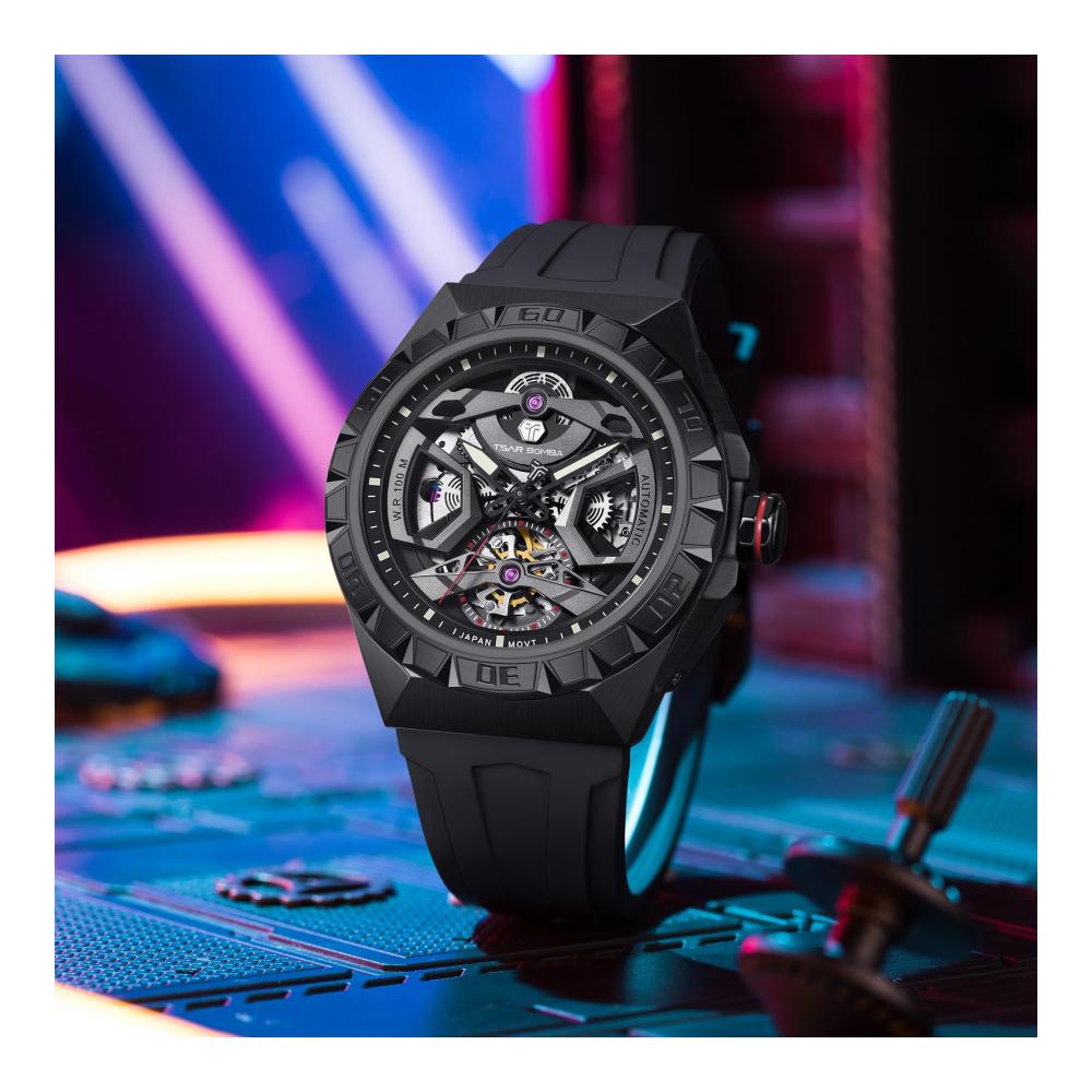 Automatik Armbanduhr für Herren – TSAR BOMBA Tonneau Skelettuhr 100M wasserdicht Fluorkautschuk Armband Edelstahl Saphirglas Mechanisch Schwarz Achteckig Männer Analoguhr