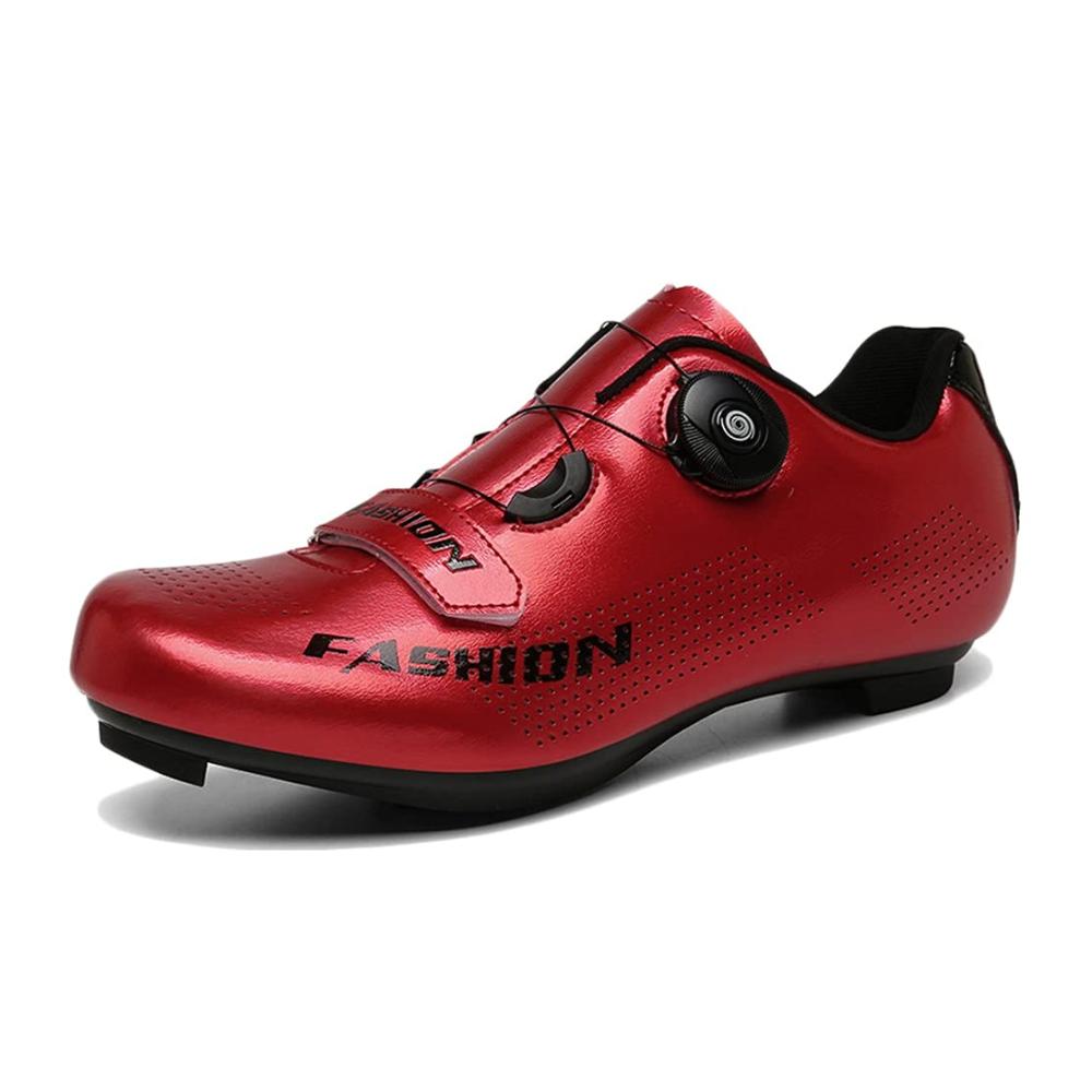 Rennrad-Schuhe Atmungsaktive Fahrradschuhe aus glattem Spiegelmaterial mit Reflektoren Anti-Rutsch-Sohle und Drehschnallen-Verschluss für Herren und Damen (Rot Größe 41 EU