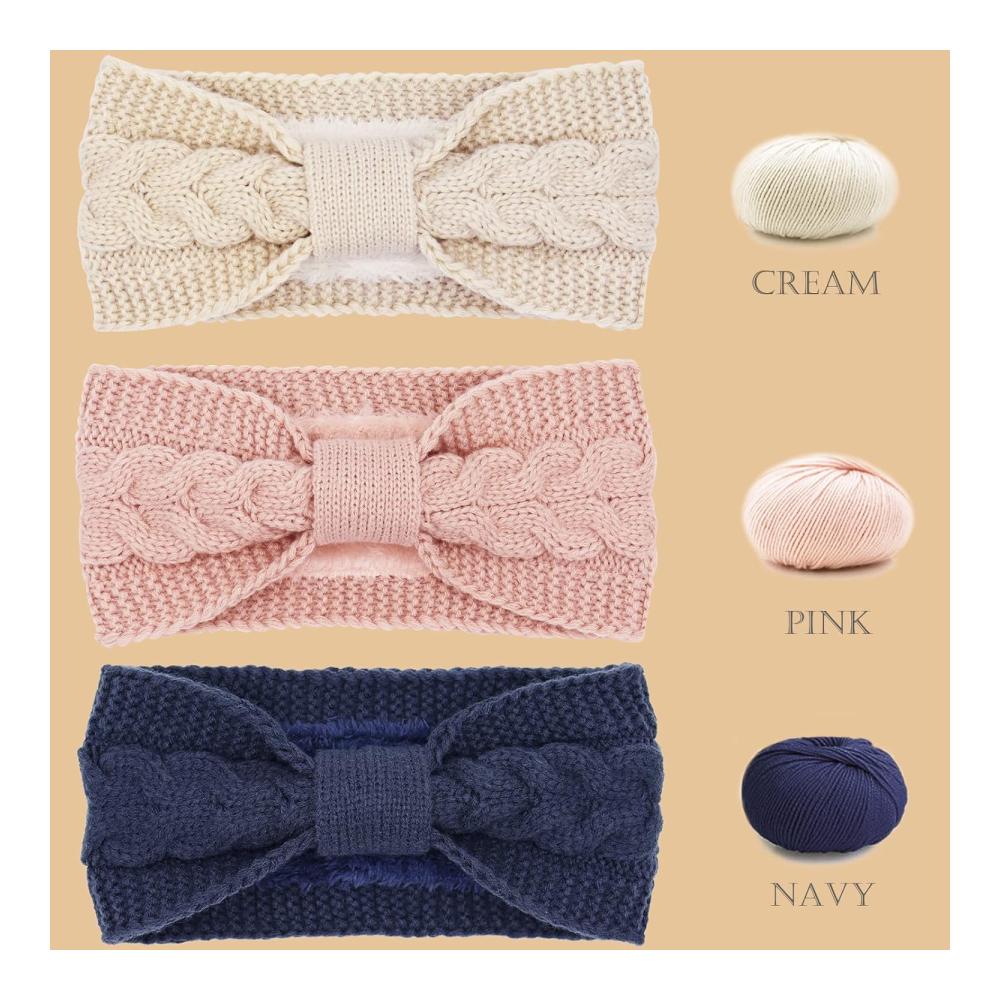 Winter Stirnbänder für Damen - Gestrickte Haarreifen in Marine Rosa & Weiß - Verdickte Stirnbänder mit Ohrenwärmern für Outdoor Sport Skifahren Laufen & Workout